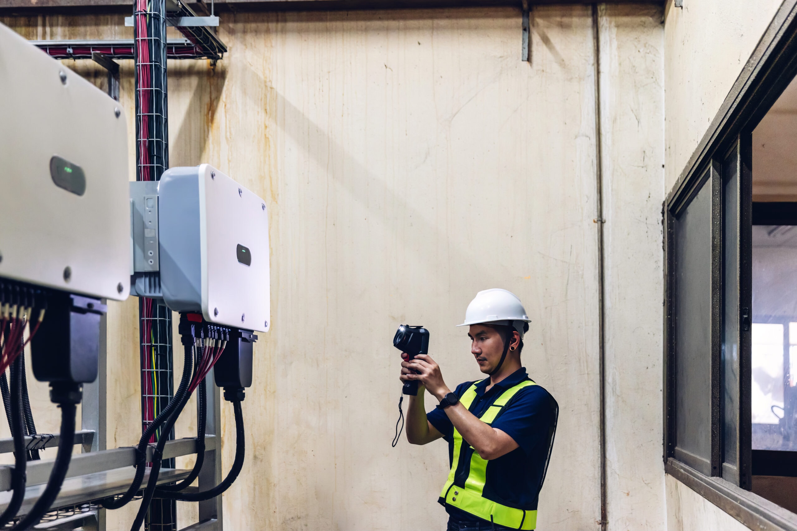 Inspector examination of photovoltaic modules using a thermal imaging camera. Engineer Checking Temperature the string cables input to inverter solar panel used thermos infrared.